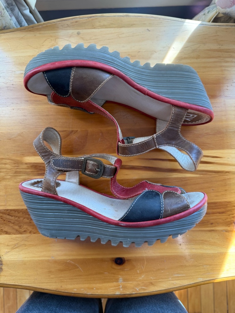 Fly London Multicolor Brown, Black & Red Wedge Sandals